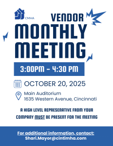 Vendor Monthly Meeting October 20, 2025 3 pm to 4 pm
A High level representative from your company must be present for the meeting
for additional information, contact Shari Mayor